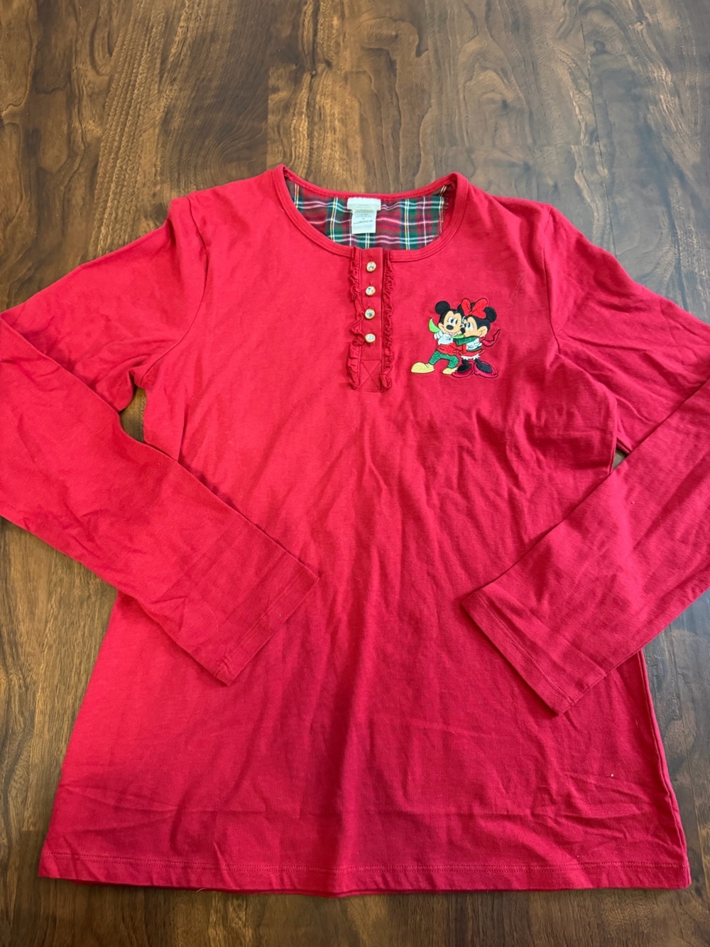 Disney Mickey & Minnie Mouse Red Long-Sleeve Henley Xmas Christmas Top